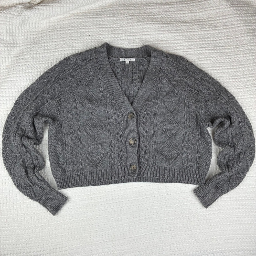 Madewell Cardigan S Cable Knit Cropped Wool Blend Gray Silver Fisherman Preppy - Picture 6 of 16